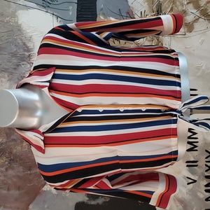 Rich & Beautiful Striped Button Up Front Tie Blouse Woman L